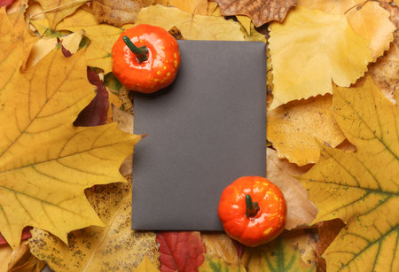 Halloween invitation with decor on fallen autumn leaves