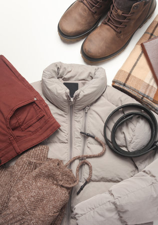 Men's winter clothing on a white background. Flat lay. Top viewの写真素材