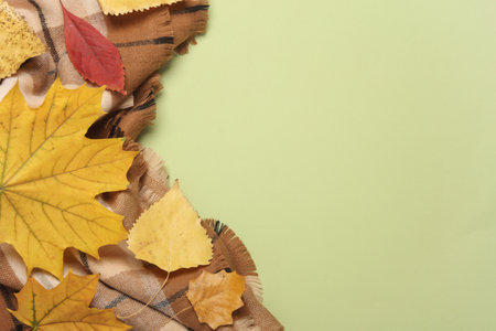 Warm blanket or scarf with autumn leaves on a green background. Copy space