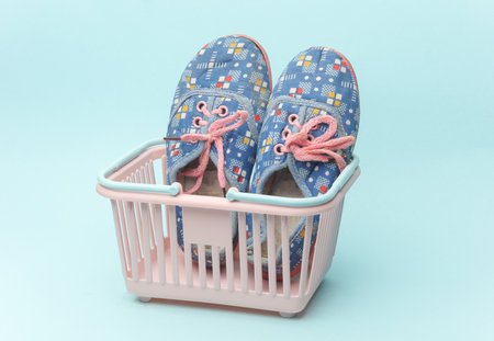 Children's shoes in a shopping basket on a blue backgroundの写真素材