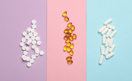 Different Pills on colored background. Medicine concept. Top viewの写真素材