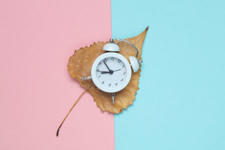 Alarm clock and autumn leaf on a blue-pink backgroundの写真素材