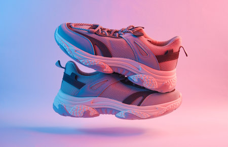 Sneakers floating in red blue neon light