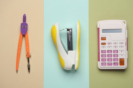 School stationery on pastel background. Top view. Flat layの写真素材