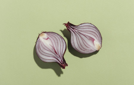 Halves of red onion on a green background. Minimal food conceptの写真素材