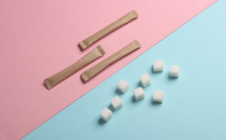 Packaging of single-serve coffee and sugar cubes on pink blue backgroundの写真素材