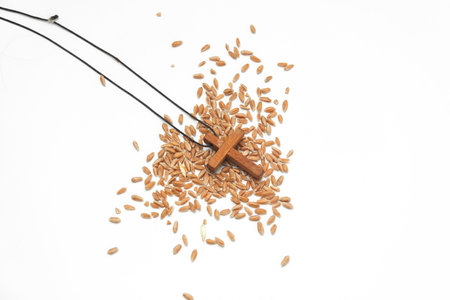 Wooden Christian cross with grains of wheat on a white backgroundの写真素材