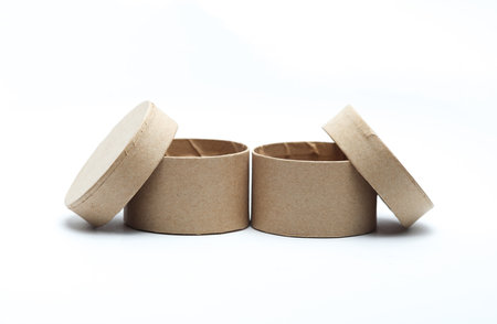 Round craft cardboard box for product on white backgroundの写真素材