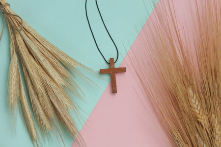Spikelets of wheat and a wooden Christian cross on a string. blue pink backgroundの写真素材