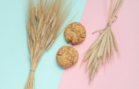 Cereal cookies and ears of wheat on a blue-pink pastel background