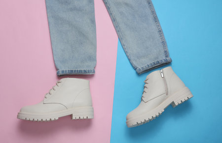 Creative fashion layout of women's jeans with boots on a pink blue background
