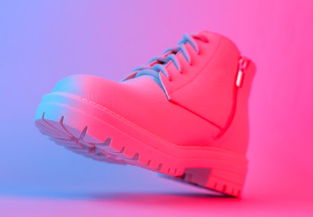 Floating White leather boots in blue-red gradient neon light. Creative fashion still lifeの写真素材