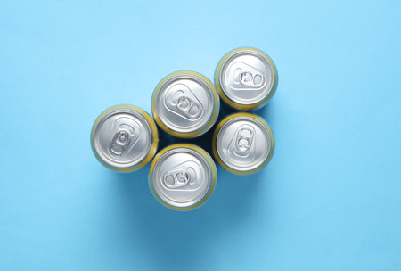 Aluminum Beer Can on a blue background. Top viewの写真素材