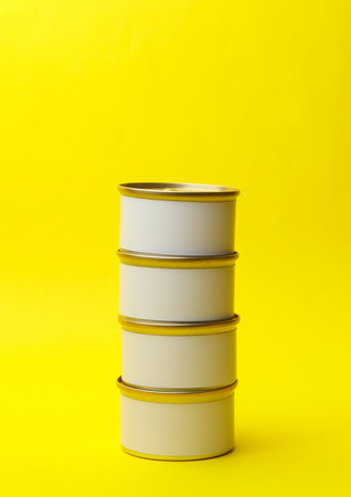 Tin cans of canned food with white labels on yellow background, mockup for your designの写真素材