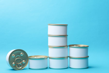 Tin cans of canned food with white labels on blue background, mockup for your designの写真素材