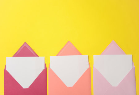 Pink envelopes with white blank letters on a yellow background. Creative layoutの写真素材
