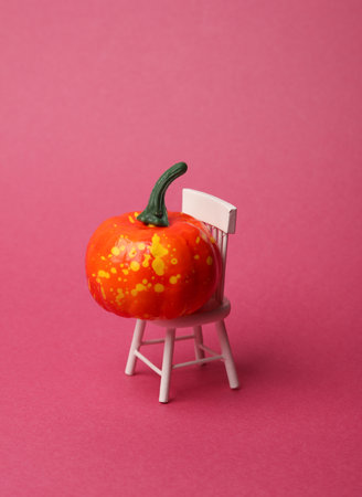 Miniature chair with pumpkin on a pink background. Minimalism Halloween layoutの写真素材