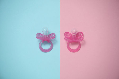 Two baby pacifiers on a blue-pink background. Flat layの写真素材