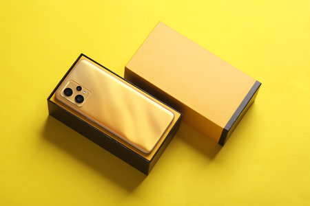 Modern yellow new smartphone with box on yellow background.