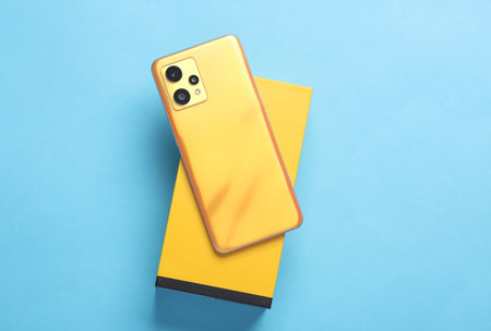 Yellow Modern new smartphone with box on blue background. Top viewの写真素材