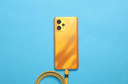 Yellow smartphone with a connected cable on blue background. Top viewの写真素材