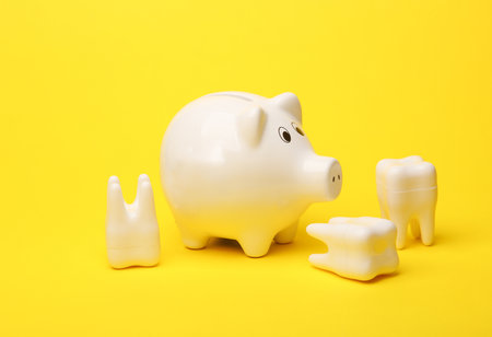 Piggy bank with models of teeth on a yellow backgroundの写真素材
