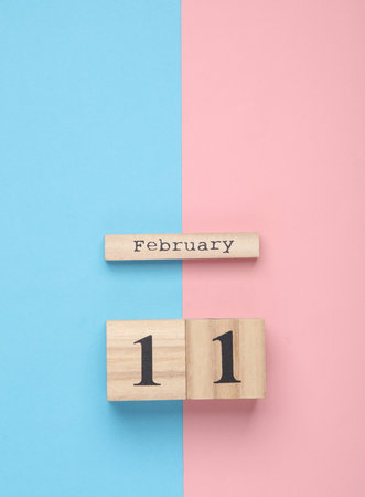 Wooden block calendar with date February 11 on pink blue pastel backround. Top view. Flat lay