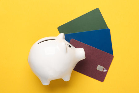 Piggy bank with credit cards on yellow backgroundの写真素材