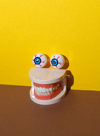Eyeballs with jaw on yellow brown background. Minimalistic Halloween still life. Creative layoutの写真素材