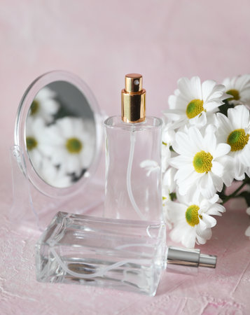 Perfume bottles with bouquet of flowers and mirror on a pink concrete background