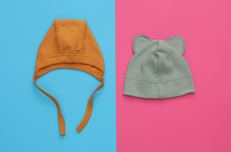Newborn baby hats on blue pink background