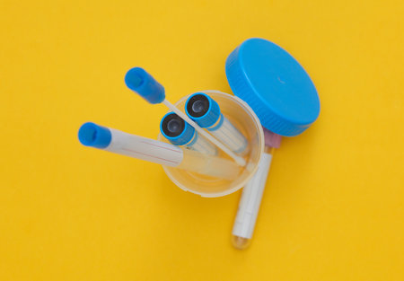 Medical test tubes and jar for tests on yellow background