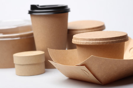 Eco cardboard containers for food and drinks on white backgroundの写真素材