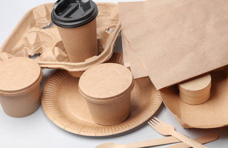 Eco cardboard containers for food and drinks on white backgroundの写真素材