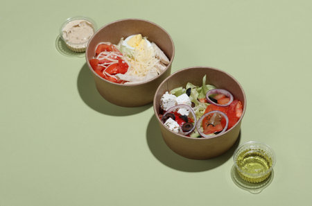 Greek and Caesar salad in disposable cardboard containers on a green backgroundの写真素材