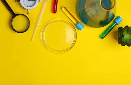 Laboratory glassware (Test tubes with flask) and accessories on yellow background. Top view. Copy spaceの写真素材