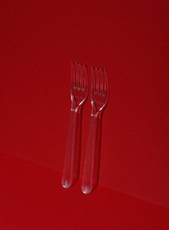 Plastic transparent forks on a red backgroundの写真素材