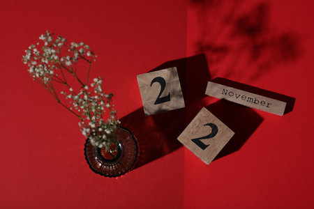Wooden block calendar with the date November 22 and vase with flowers on a red background. Top view