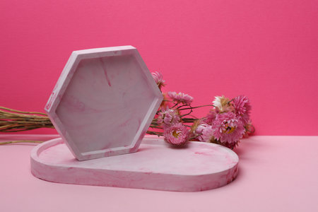 Composition of plaster trays and dried flowers on a pink background. Creative showcase, stand and podiumの写真素材