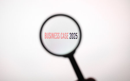 Phrase business case 2025 on white screen through a magnifying glass.