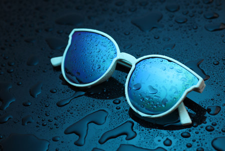 Sunglasses in blue light with water dropの写真素材