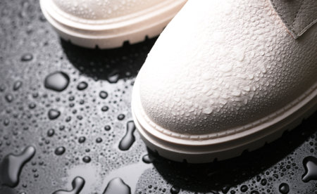 White leather boots in water drops on a black backgroundの写真素材