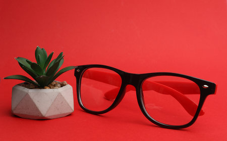 Stylish fashion eyeglasses on a red background.の写真素材