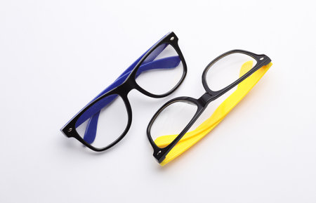 Stylish fashion eyeglasses on a white background. Top viewの写真素材