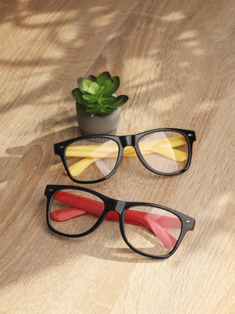 Stylish fashion eyeglasses on table close upの写真素材