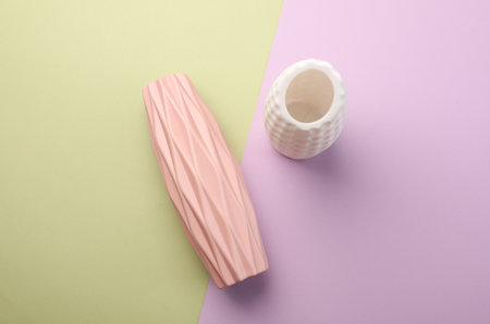 Minimalistic vases in Scandinavian style on pastel background. Top viewの写真素材