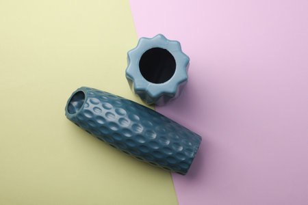 Minimalistic vases on pastel background. Top viewの写真素材