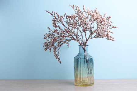 Glass vase with dry flowers on a blue backgroundの写真素材