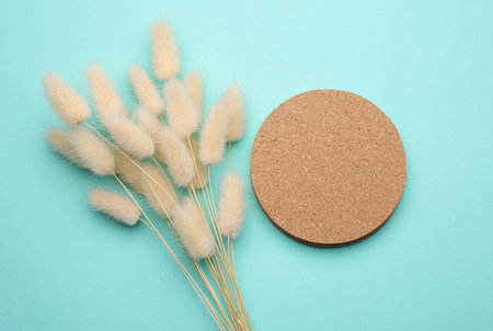 Cork coasters for drinks and lagurus flower on a blue backgroundの写真素材