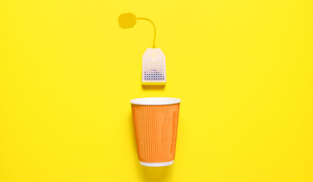 Cardboard tea cup and teabag on yellow background. Top view. Minimalismの写真素材